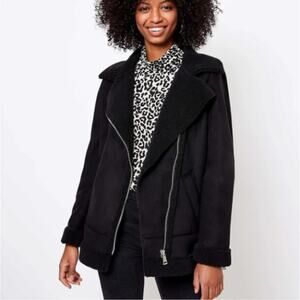 Loft Faux Suede and Shearling Aviator Jacket Black Small Petite